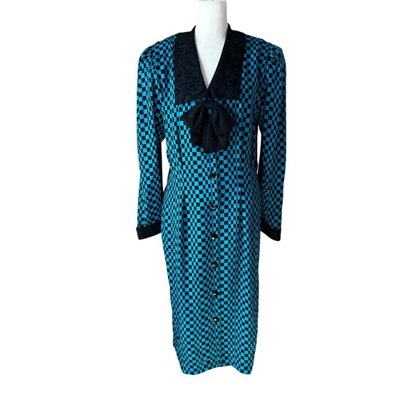 Adrianna Papell Dresses & Skirts - Adrianna Papell 80s 90s Silk Checkerboard Dress Teal Black Bow Vintage Size 14